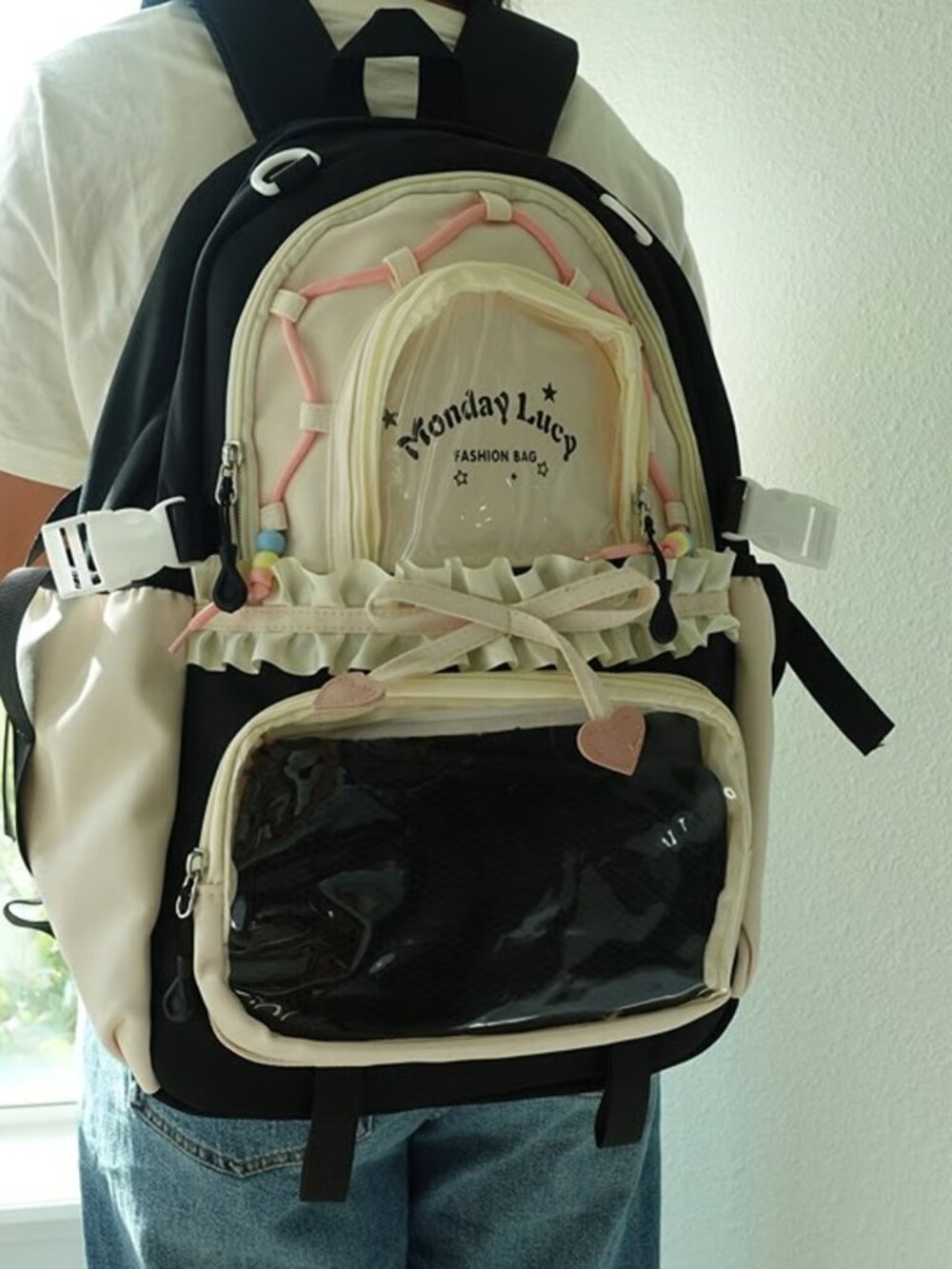BLACK Kawaii Ita Backpack Large Capacity Y2K Cute School Travel Bag Black Pink